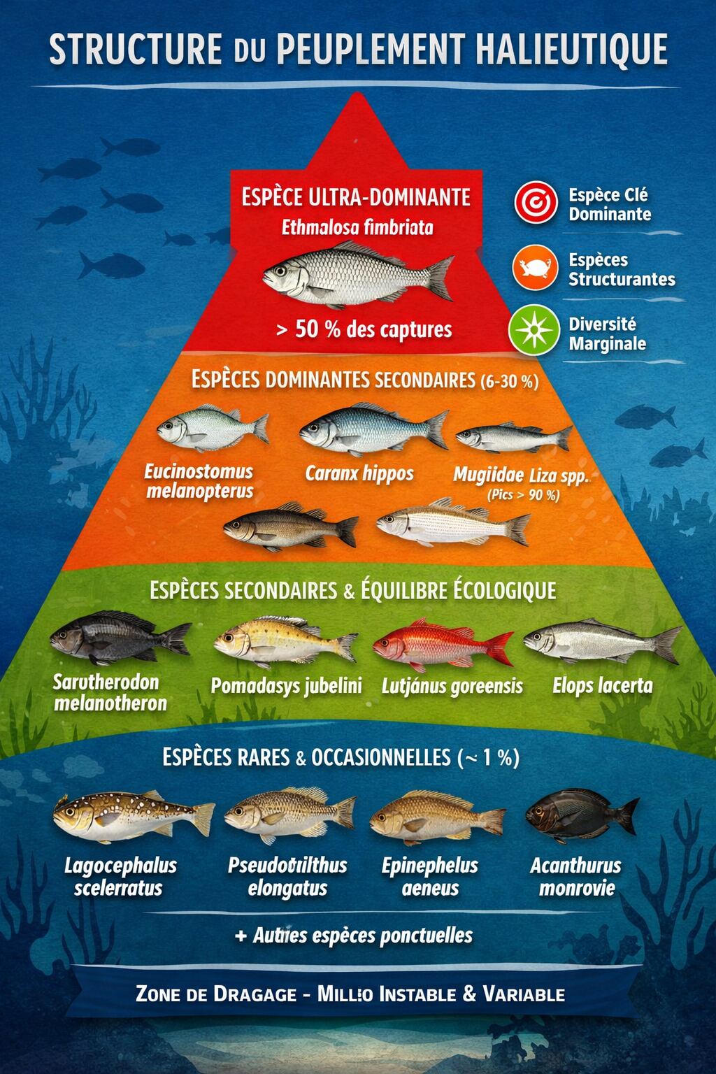 Infographie de la structure du peuplement halieutique en pyramide, de l'espèce ultra-dominante aux espèces rares
